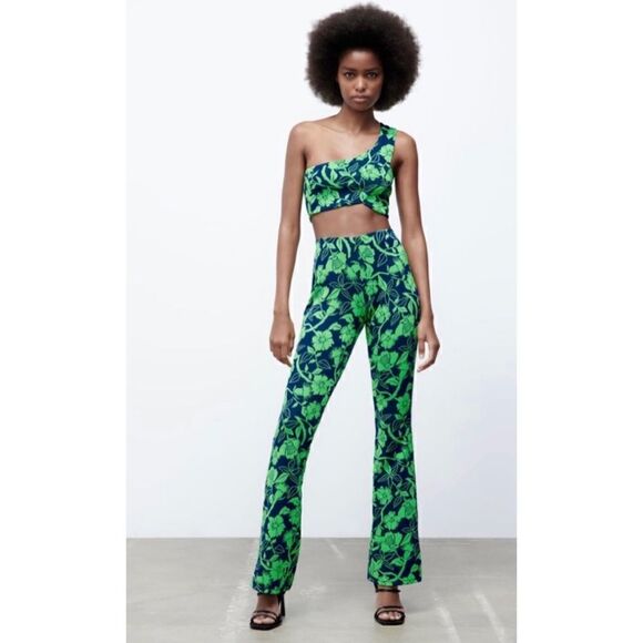 NWT Zara Blogger’s Favorite Green & Blue Jacquard High Waisted Pants, Size Small - Picture 4 of 16